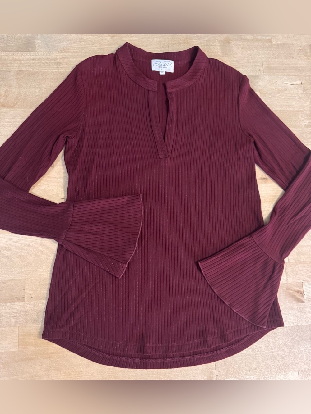 Feel The Piece Ribbed Bell-Sleeve Long Sleeve Top - Burgundy